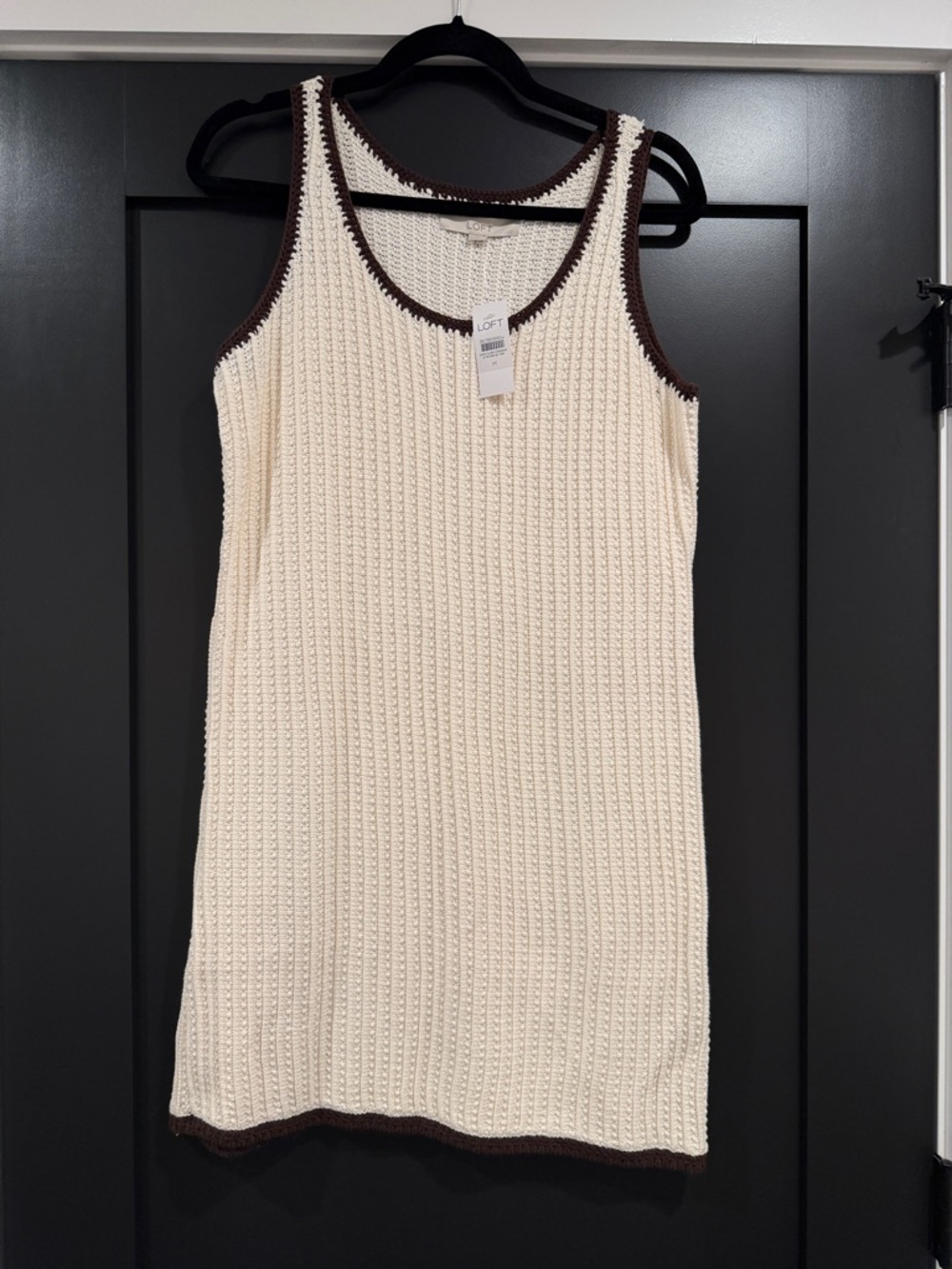 LOFT Cream Knit Tank Dress with Chocolate Trim Accents